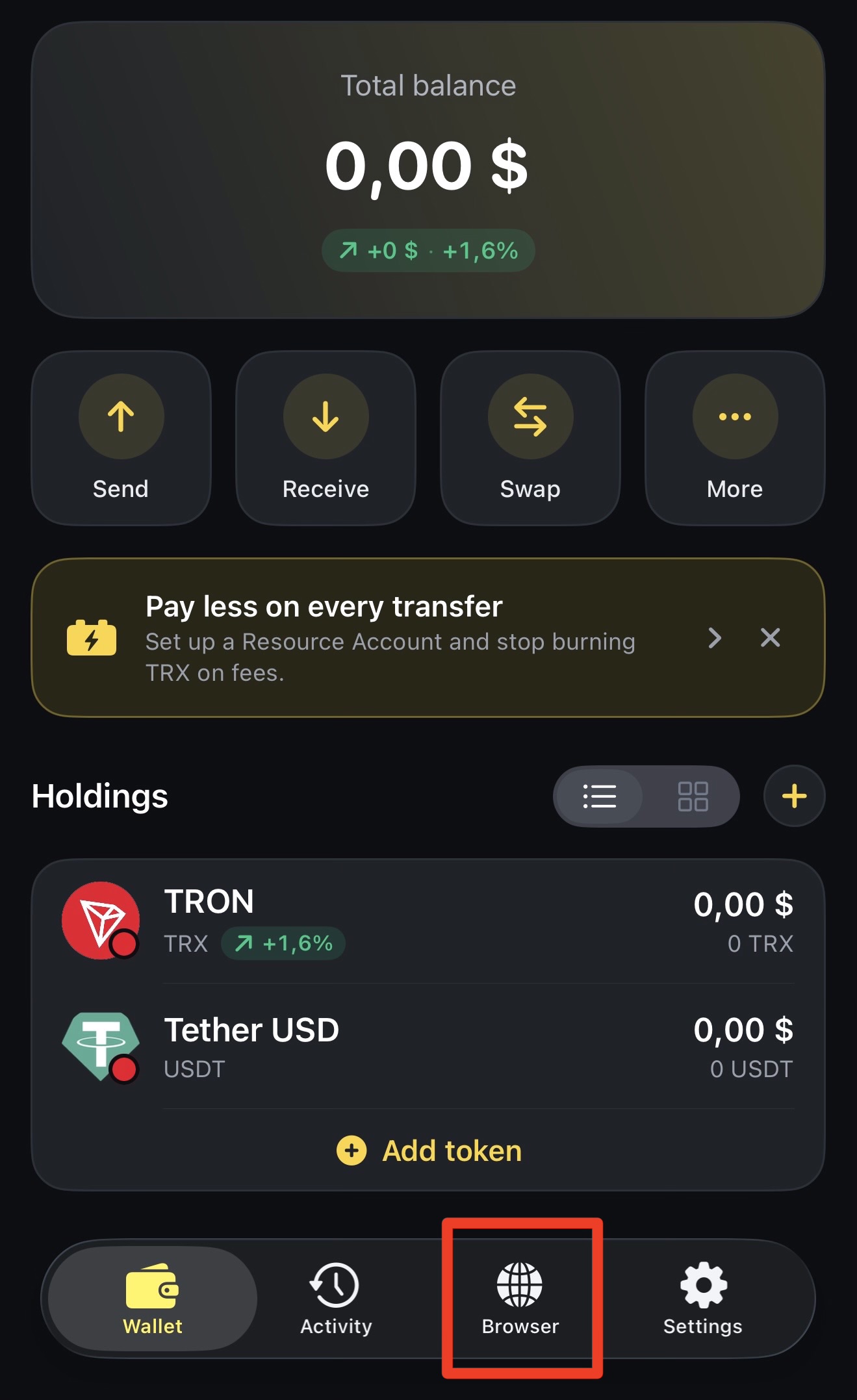 Tap Browser tab in SaveWallet